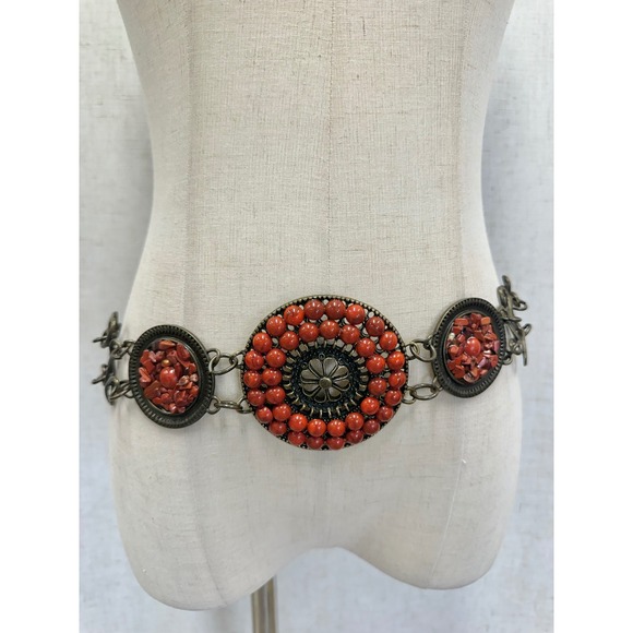 Unbranded Accessories - Medallion Chain Concho Belt Womens OS Red Faux Coral Antique Brass Boho Style